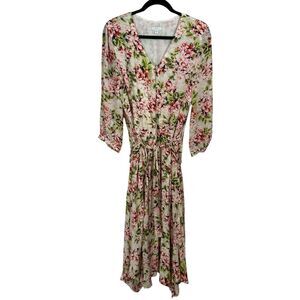 J Jill Womens Midi Dress Floral V Neck Tie Waist Cottagecore‎ Fairy Size M